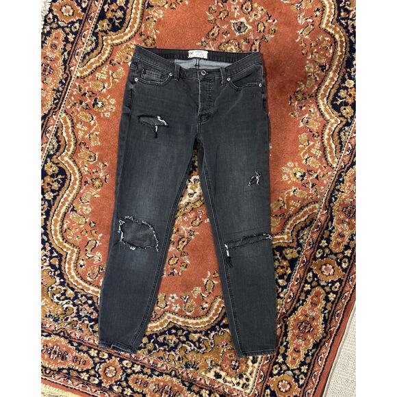 Free People Fishnet Patch Skinny Jean Button Fly Washed Out Black Womens 27 - Picture 1 of 7